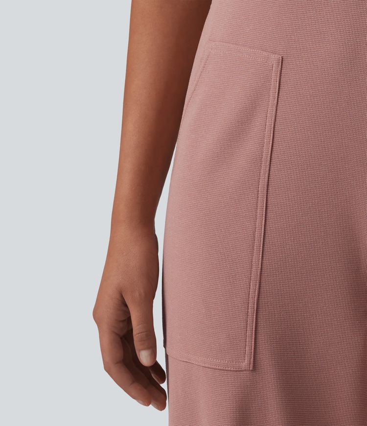 Square Neck Waffle Casual Tapered Overalls with Pockets