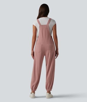 Square Neck Waffle Casual Tapered Overalls with Pockets
