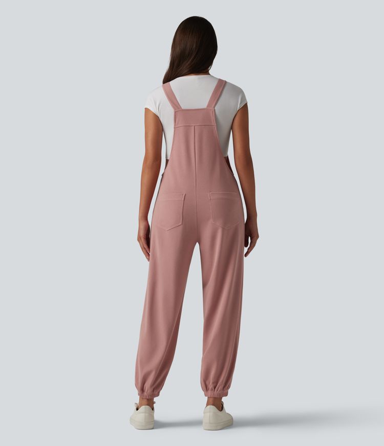 Square Neck Waffle Casual Tapered Overalls with Pockets