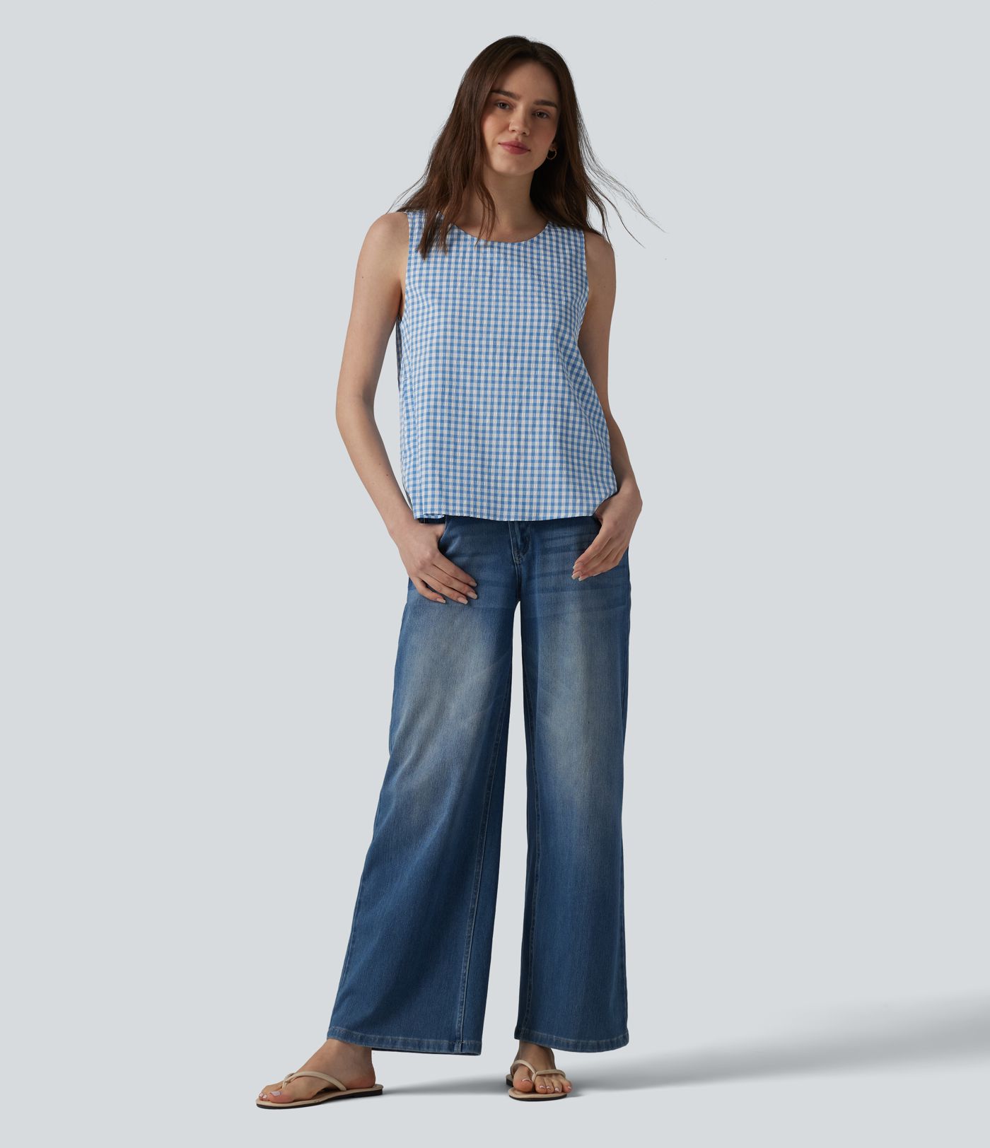 Round Neck Crinkle Gingham Casual Tank Top with Pockets