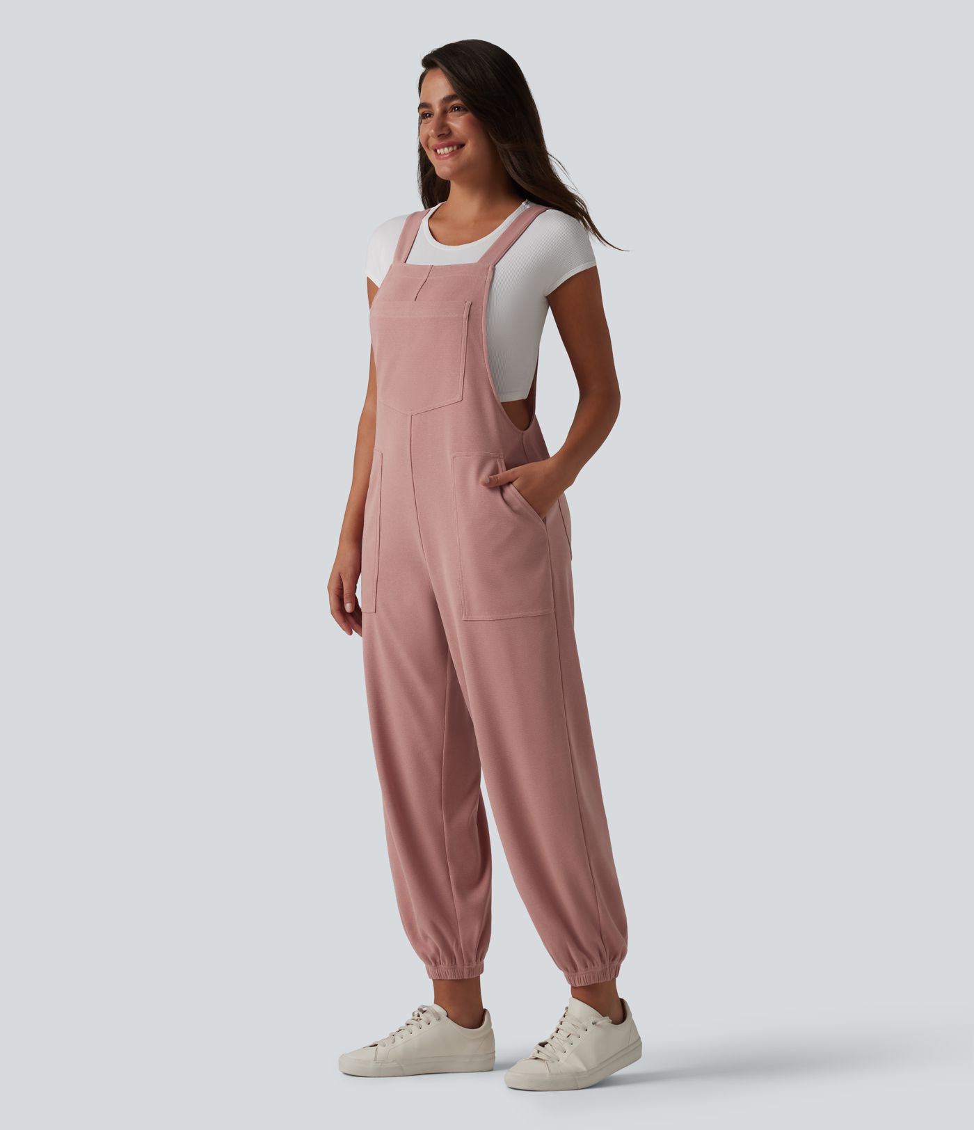 Square Neck Waffle Casual Tapered Overalls with Pockets