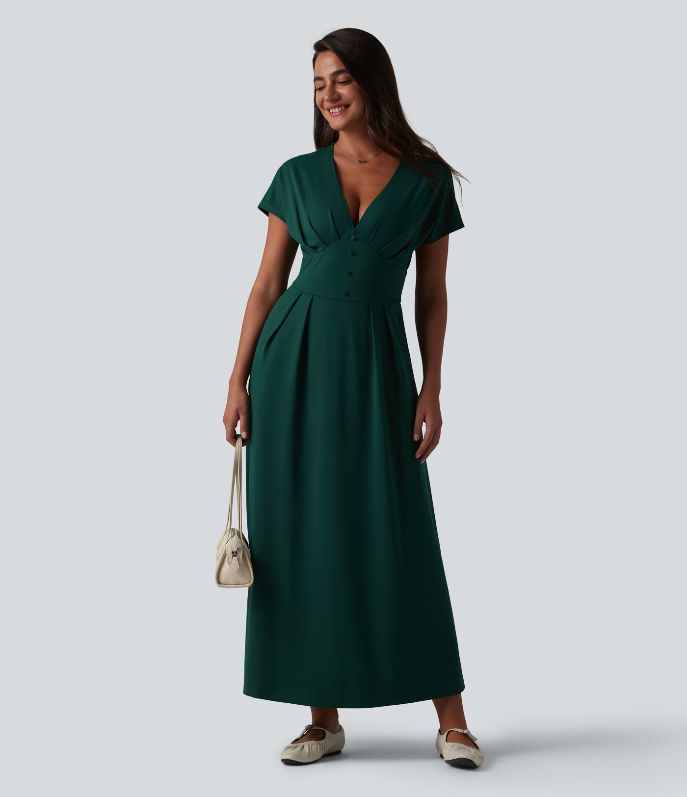 Robe midi décontractée à manches courtes chauve-souris et col en V avec poches