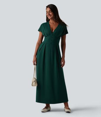 Robe midi décontractée à manches courtes chauve-souris et col en V avec poches