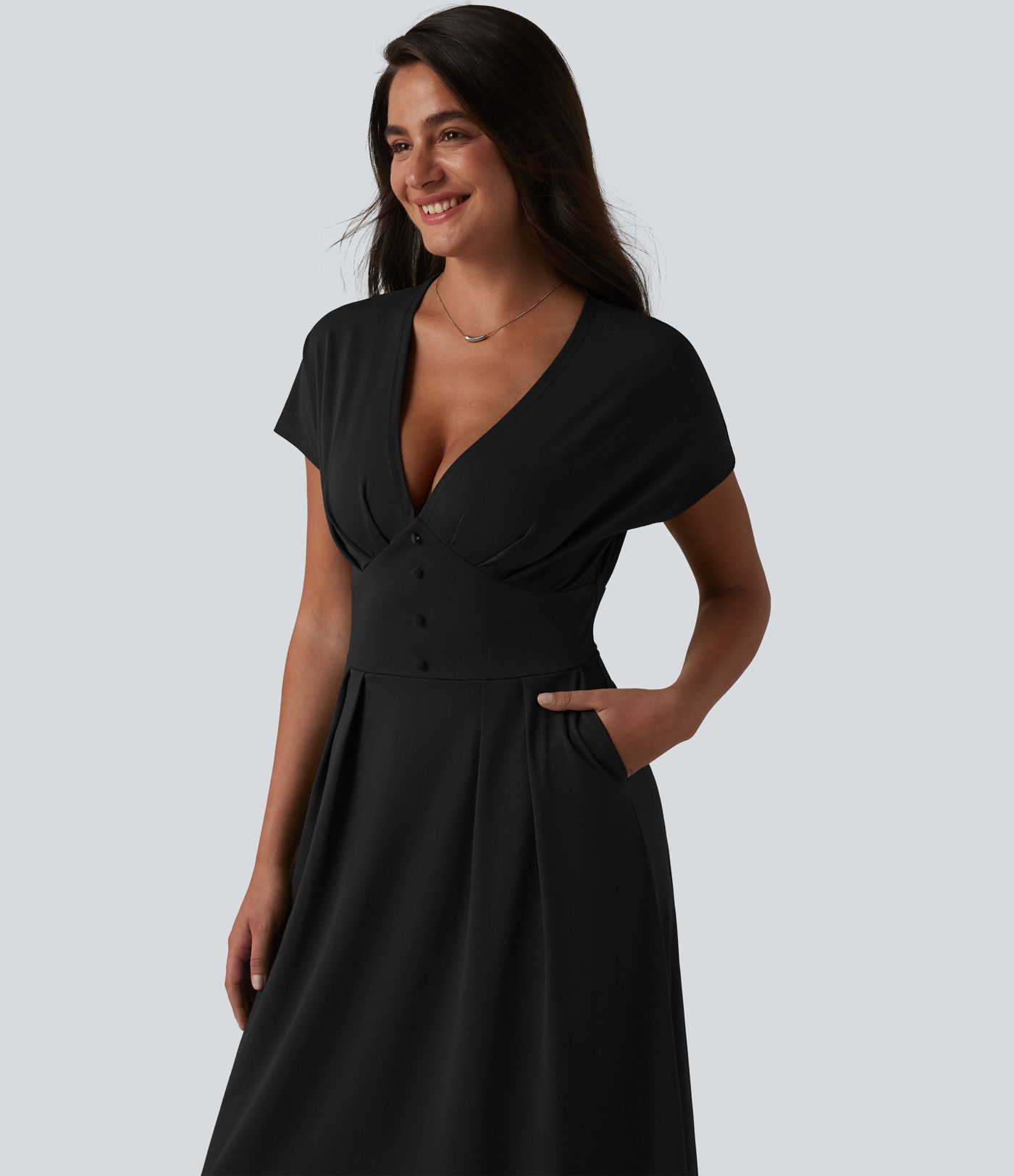 Robe midi décontractée à manches courtes chauve-souris et col en V avec poches