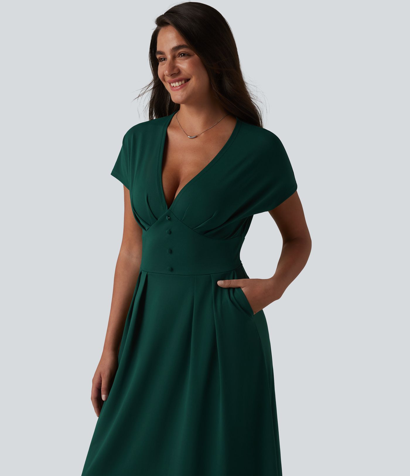 Robe midi décontractée à manches courtes chauve-souris et col en V avec poches