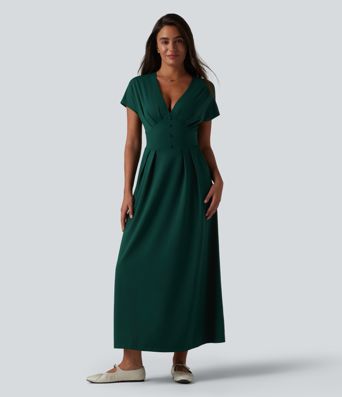 Robe midi décontractée à manches courtes chauve-souris et col en V avec poches