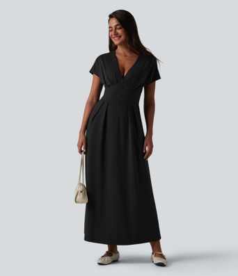 Robe midi décontractée à manches courtes chauve-souris et col en V avec poches