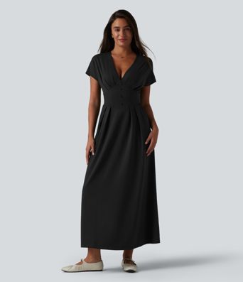 Robe midi décontractée à manches courtes chauve-souris et col en V avec poches