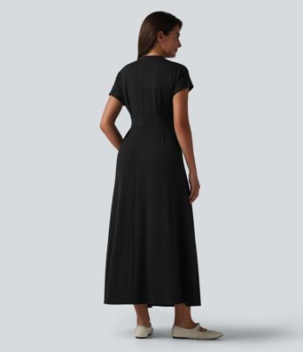 Robe midi décontractée à manches courtes chauve-souris et col en V avec poches