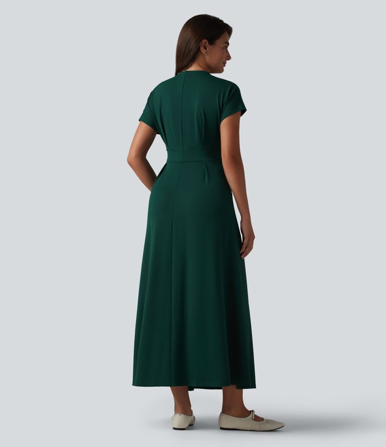 Robe midi décontractée à manches courtes chauve-souris et col en V avec poches