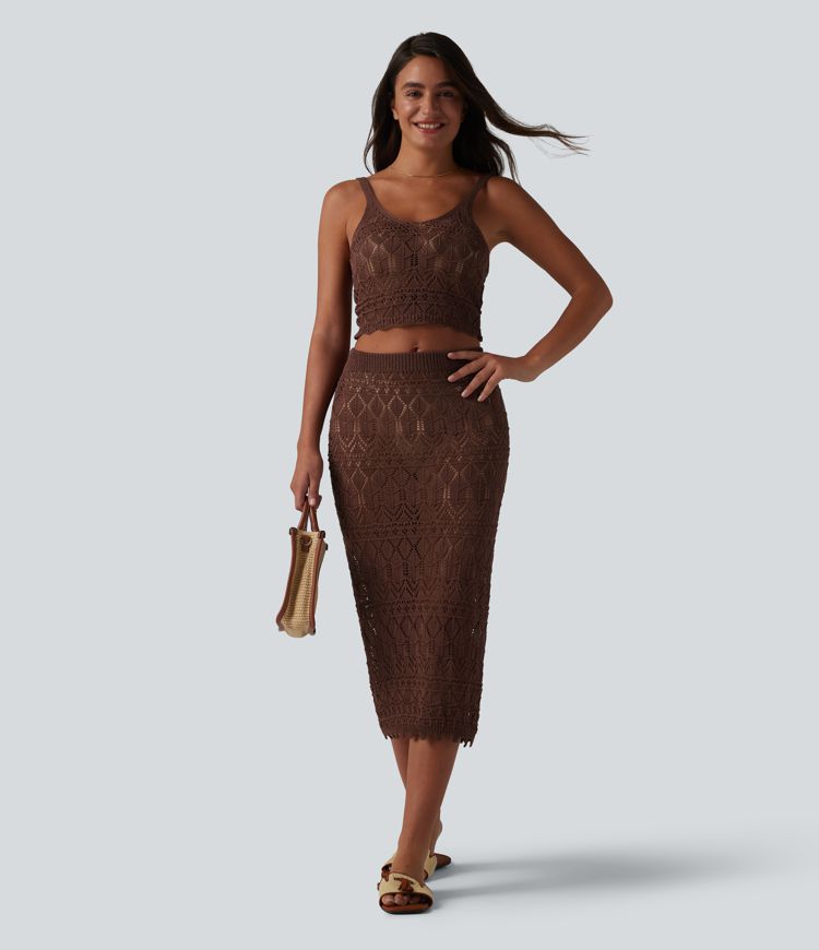 Mid Rise Bodycon Open Knit Midi Sweater Skirt