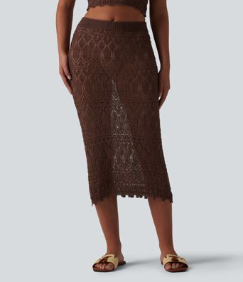 Mid Rise Bodycon Open Knit Midi Sweater Skirt