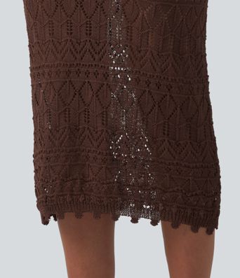Mid Rise Bodycon Open Knit Midi Sweater Skirt