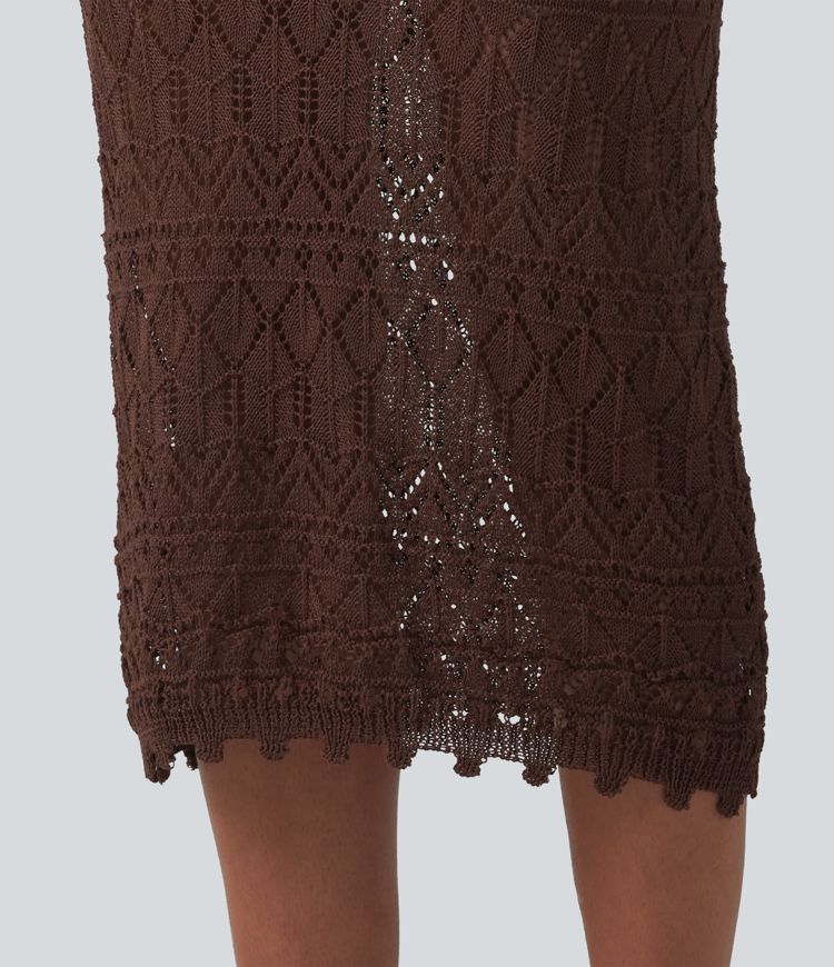 Mid Rise Bodycon Open Knit Midi Sweater Skirt