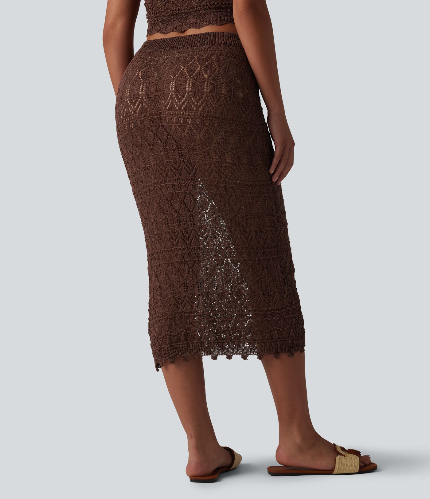 Mid Rise Bodycon Open Knit Midi Sweater Skirt