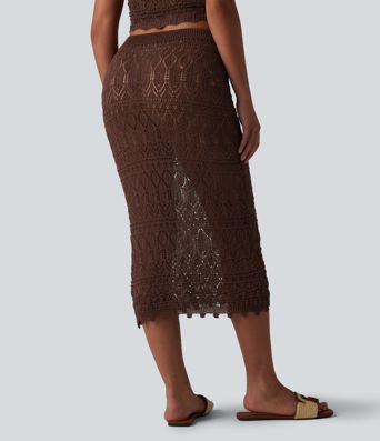 Mid Rise Bodycon Open Knit Midi Sweater Skirt