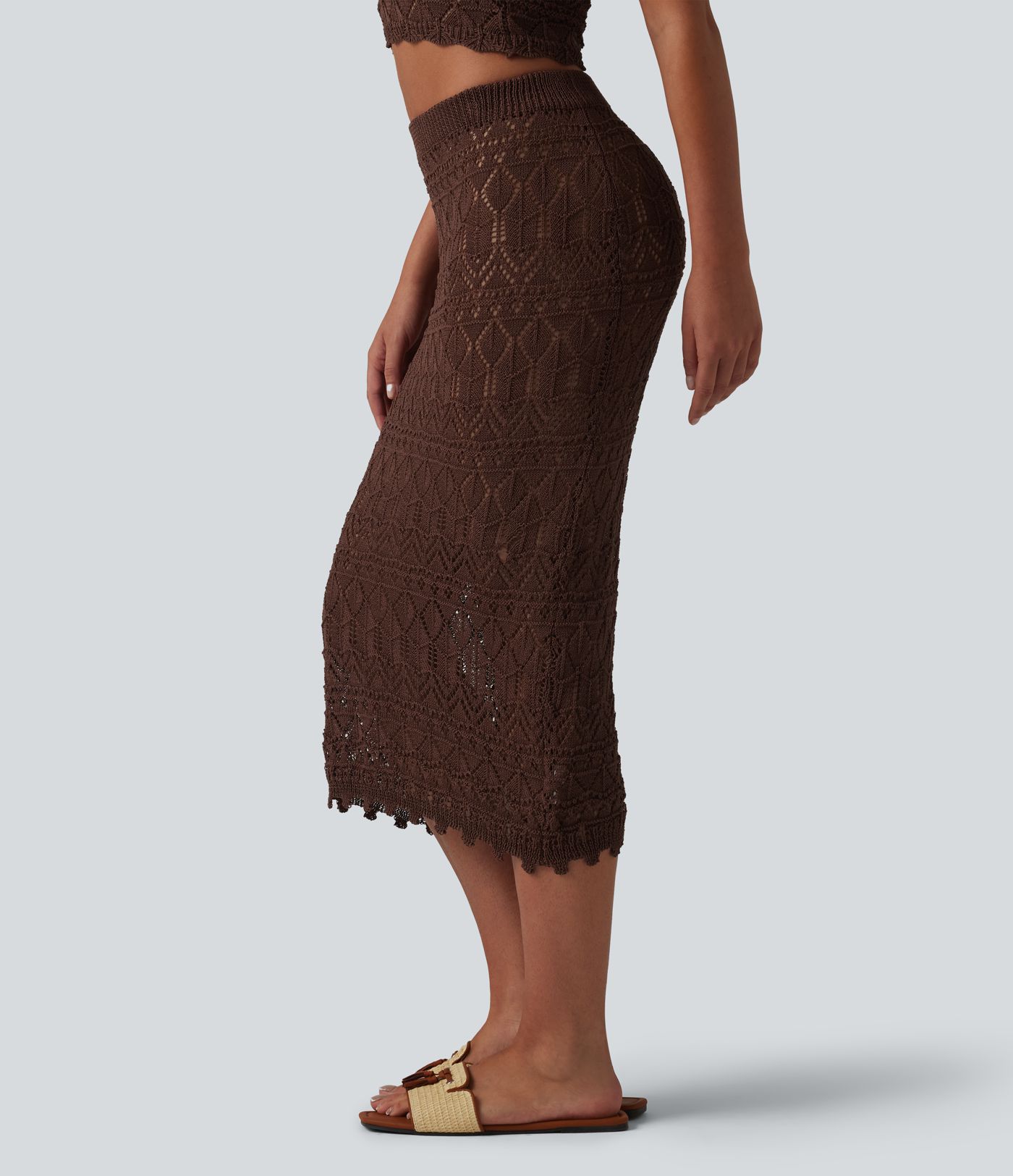 Mid Rise Bodycon Open Knit Midi Sweater Skirt