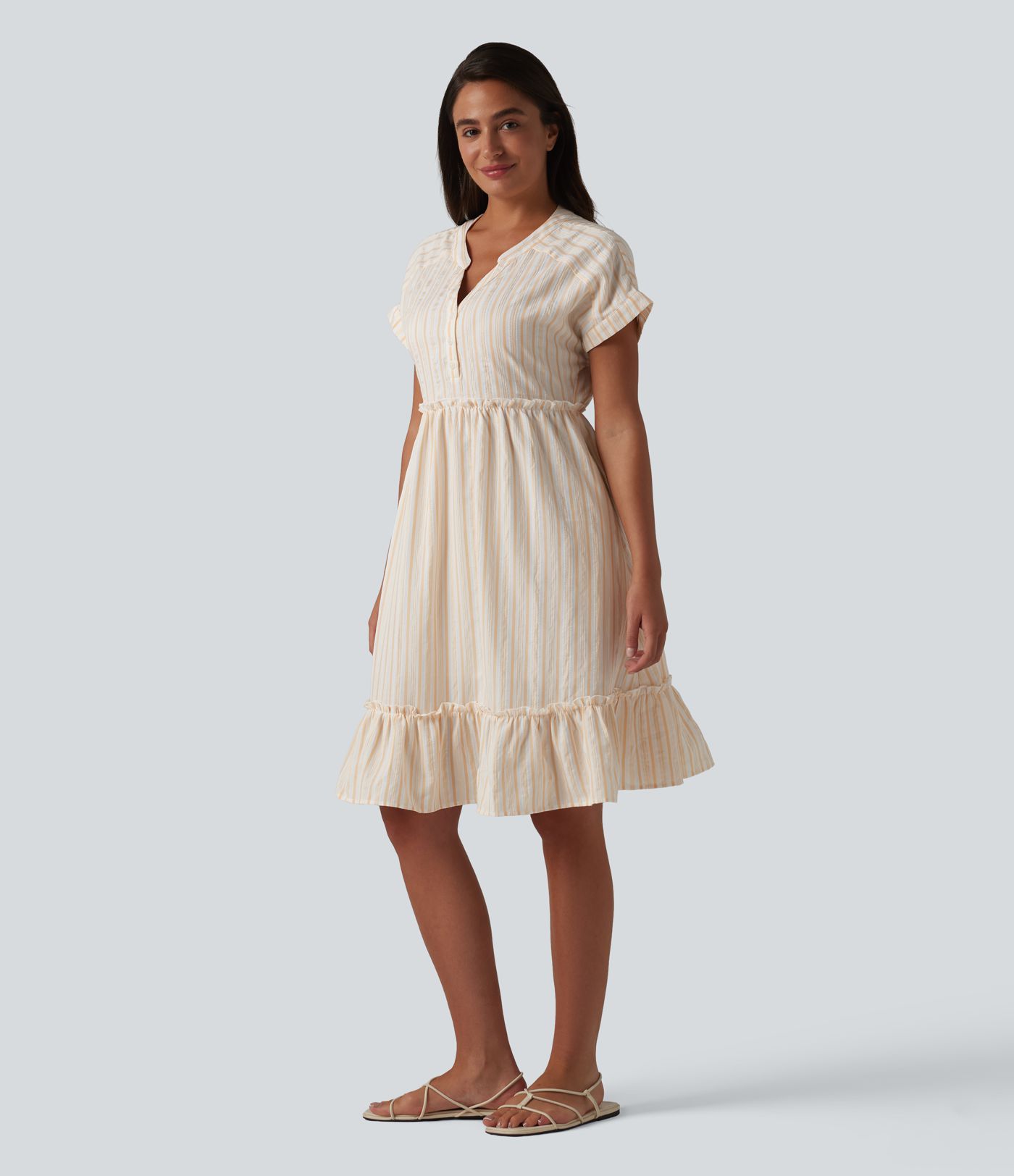 V Neck Short Sleeve Stripe Mini Casual Dress with Pockets