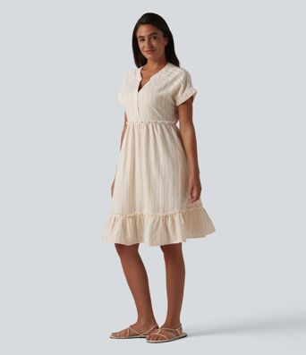 V Neck Short Sleeve Stripe Mini Casual Dress with Pockets