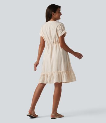 V Neck Short Sleeve Stripe Mini Casual Dress with Pockets