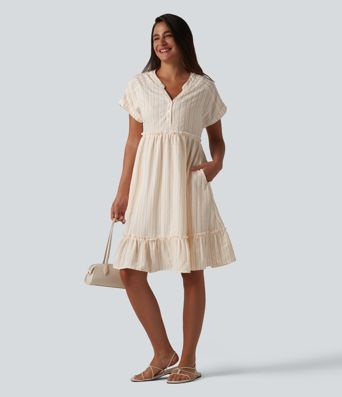 V Neck Short Sleeve Stripe Mini Casual Dress with Pockets