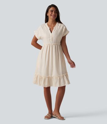 V Neck Short Sleeve Stripe Mini Casual Dress with Pockets