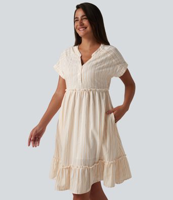 V Neck Short Sleeve Stripe Mini Casual Dress with Pockets