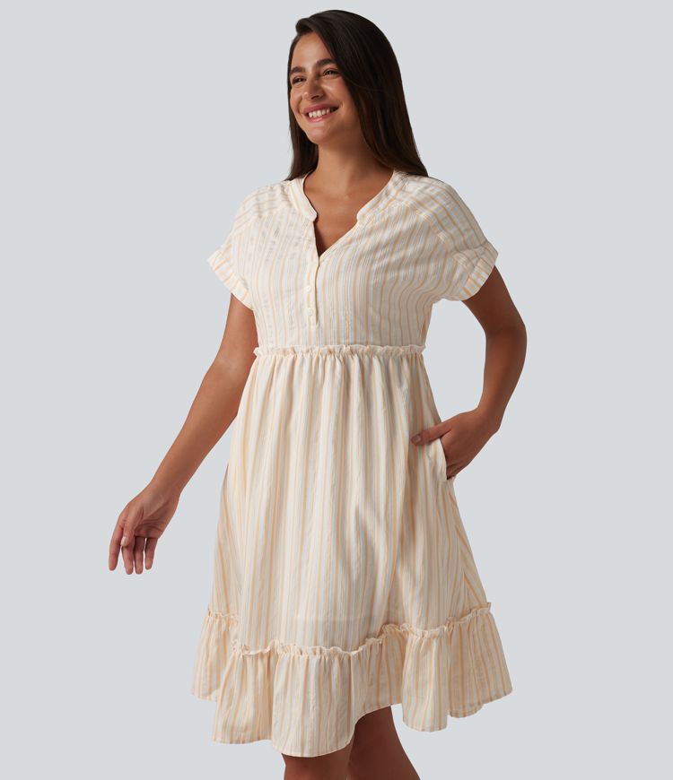 V Neck Short Sleeve Stripe Mini Casual Dress with Pockets