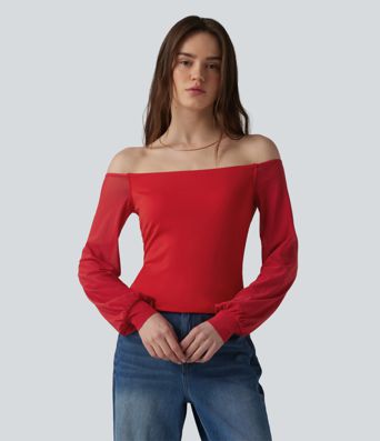 SoftlyZero™ Airy Off-Shoulder Long Sleeve Breathable Mesh Built-in Bra Cool Touch Casual T-Shirt-UPF50+