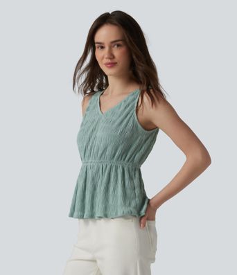 Lässiges Tanktop mit V-Ausschnitt und Kreppstruktur