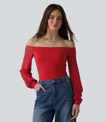 SoftlyZero™ Airy Off-Shoulder Long Sleeve Breathable Mesh Built-in Bra Cool Touch Casual T-Shirt-UPF50+