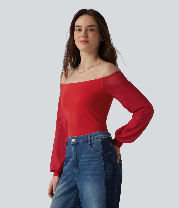 SoftlyZero™ Airy Off-Shoulder Long Sleeve Breathable Mesh Built-in Bra Cool Touch Casual T-Shirt-UPF50+