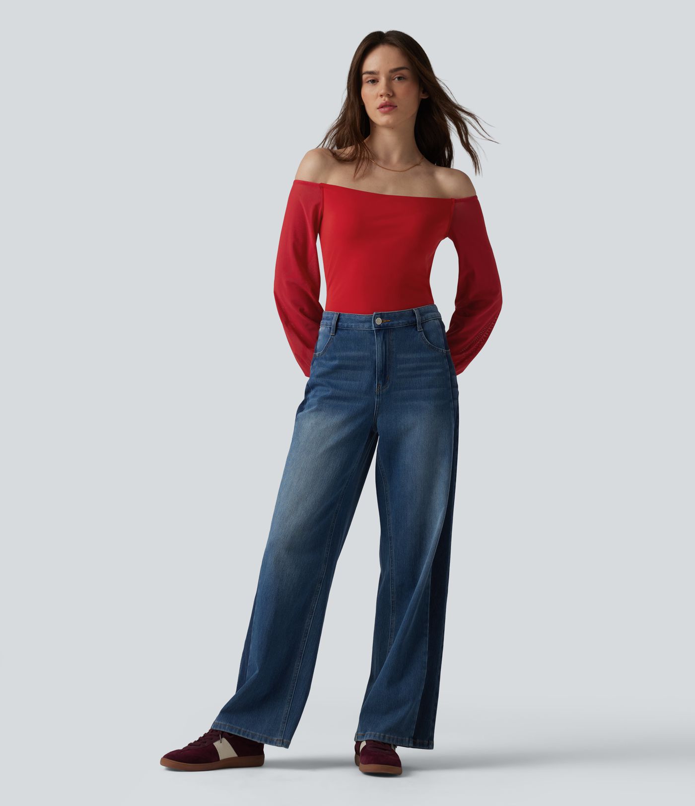 SoftlyZero™ Airy Off-Shoulder Long Sleeve Breathable Mesh Built-in Bra Cool Touch Casual T-Shirt-UPF50+