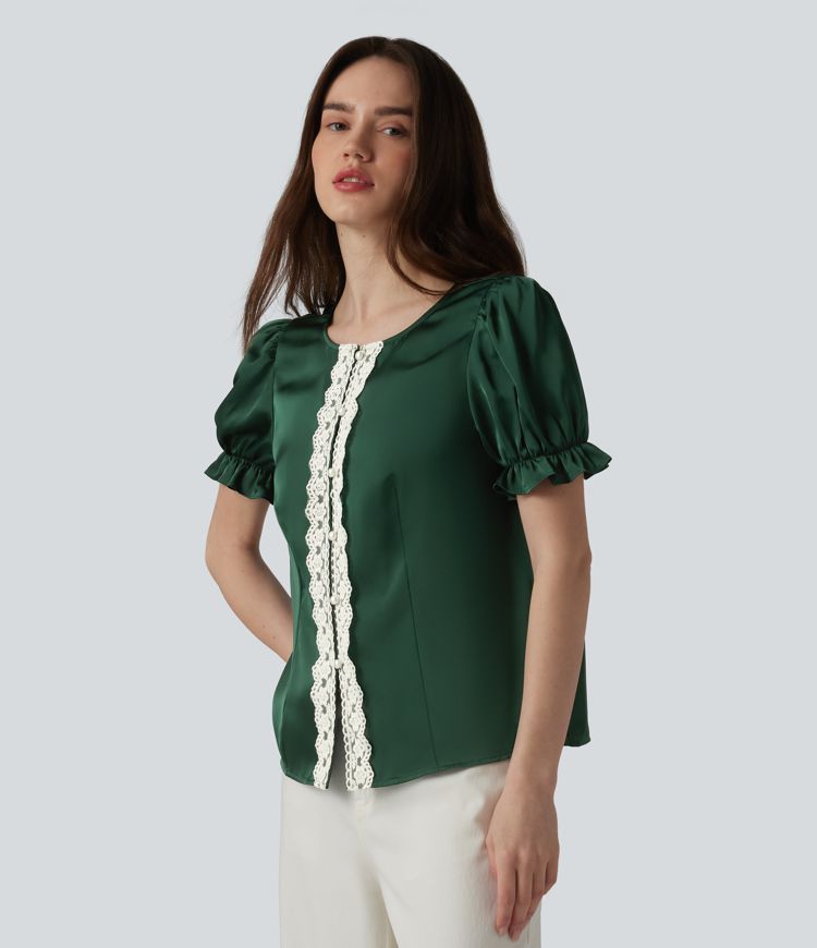 Rund hals, pufærmet, korte ærmer, afslappet bluse i kontrastblonder