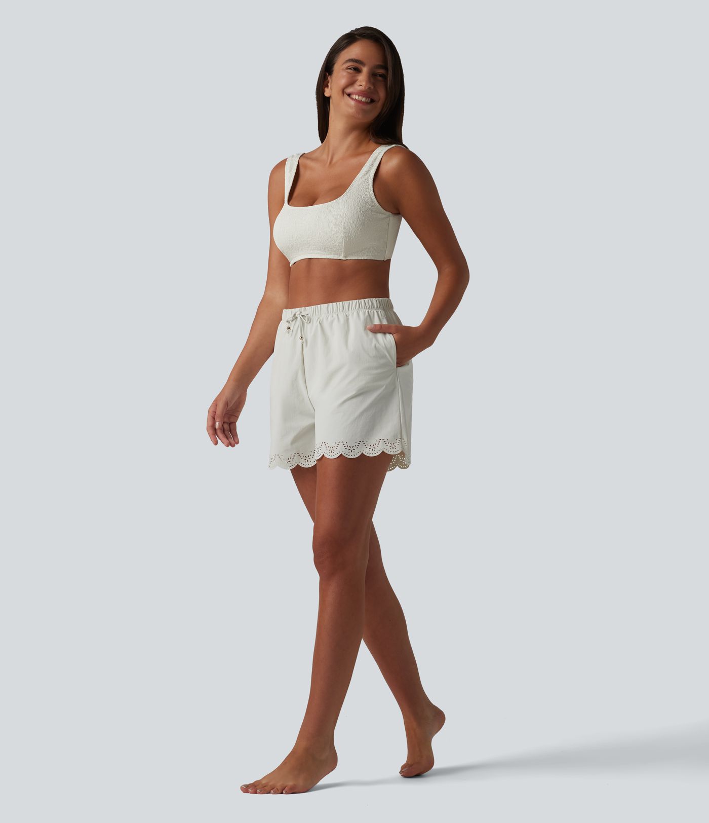 High Waisted Drawstring 2-in-1 Bikini Bottom Swimsuit 3'' with Pockets