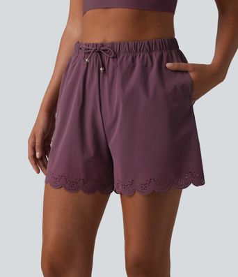 2-in-1 Bikinihose mit hohem Bund, Seitentaschen und Kordelzug - 7,6 cm