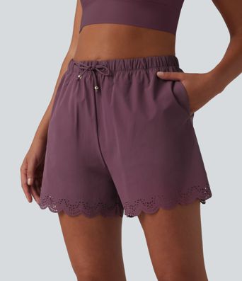 2-in-1 Bikinihose mit hohem Bund, Seitentaschen und Kordelzug - 7,6 cm