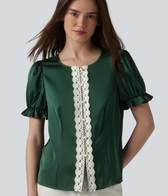 Rund hals, pufærmet, korte ærmer, afslappet bluse i kontrastblonder