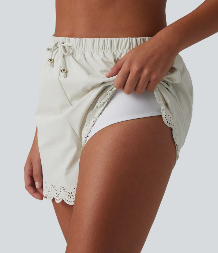 High Waisted Drawstring 2-in-1 Bikini Bottom Swimsuit 3'' with Pockets