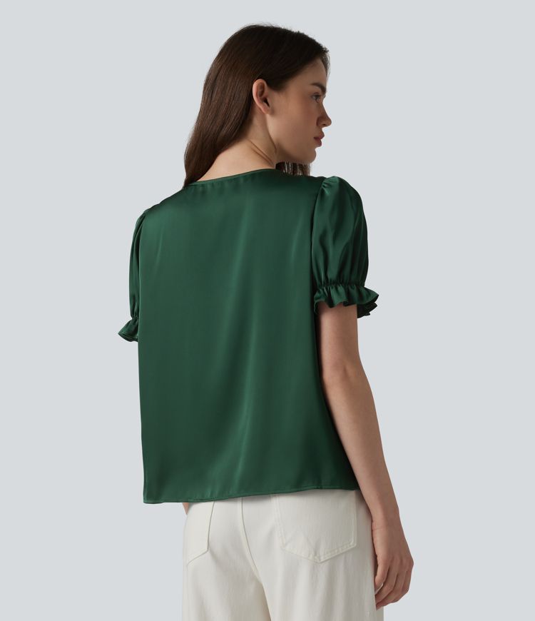 Rund hals, pufærmet, korte ærmer, afslappet bluse i kontrastblonder