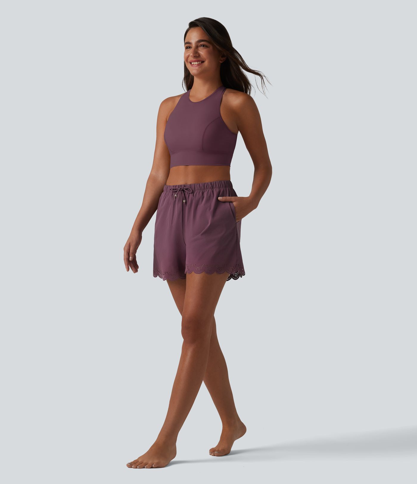 2-in-1 Bikinihose mit hohem Bund, Seitentaschen und Kordelzug - 7,6 cm