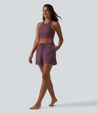 2-in-1 Bikinihose mit hohem Bund, Seitentaschen und Kordelzug - 7,6 cm