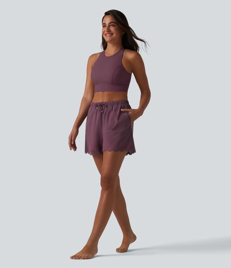 2-in-1 Bikinihose mit hohem Bund, Seitentaschen und Kordelzug - 7,6 cm