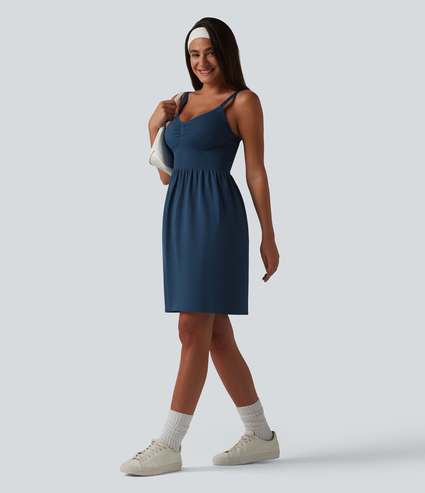 OneForm Seamless Flow Deep V-neck Sleeveless Ruched Built-in Bra Mini Casual Dress