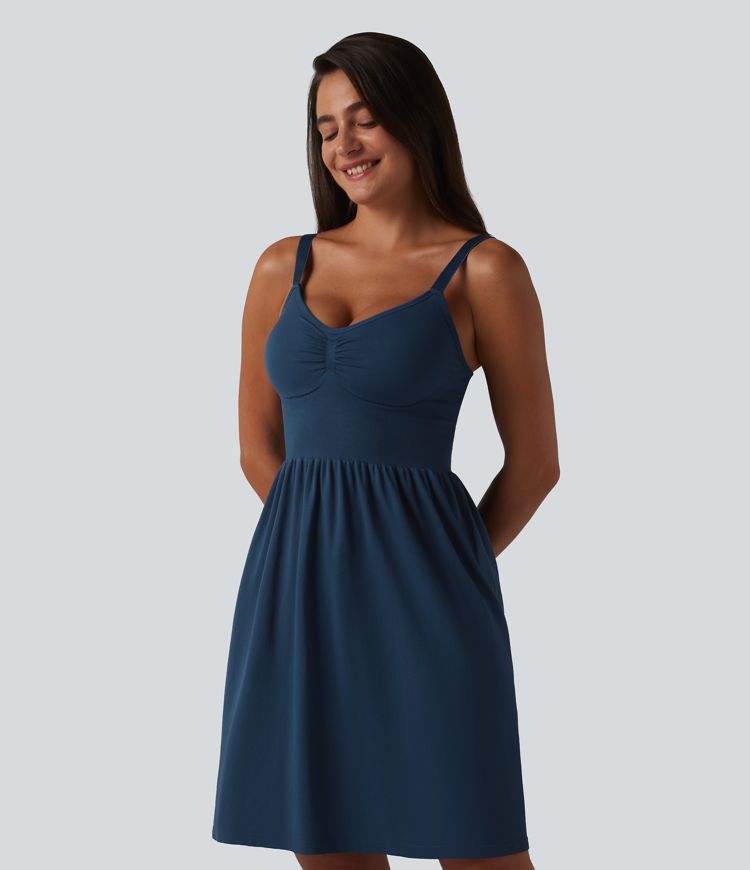 OneForm Seamless Flow Deep V-neck Sleeveless Ruched Built-in Bra Mini Casual Dress