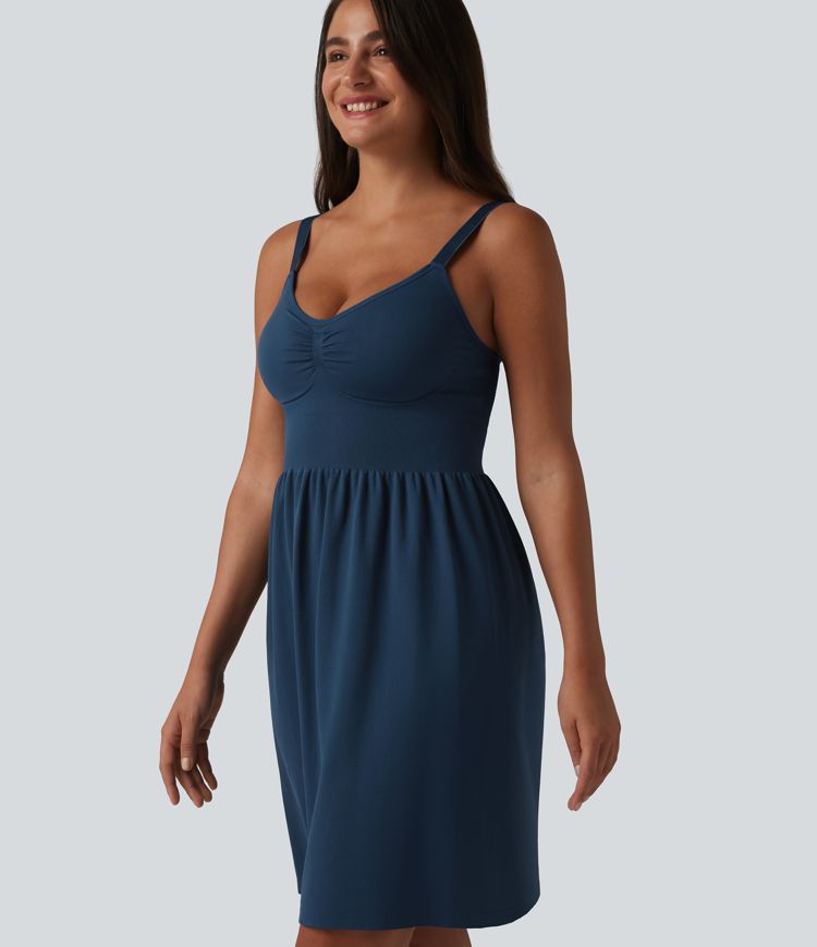 OneForm Seamless Flow Deep V-neck Sleeveless Ruched Built-in Bra Mini Casual Dress