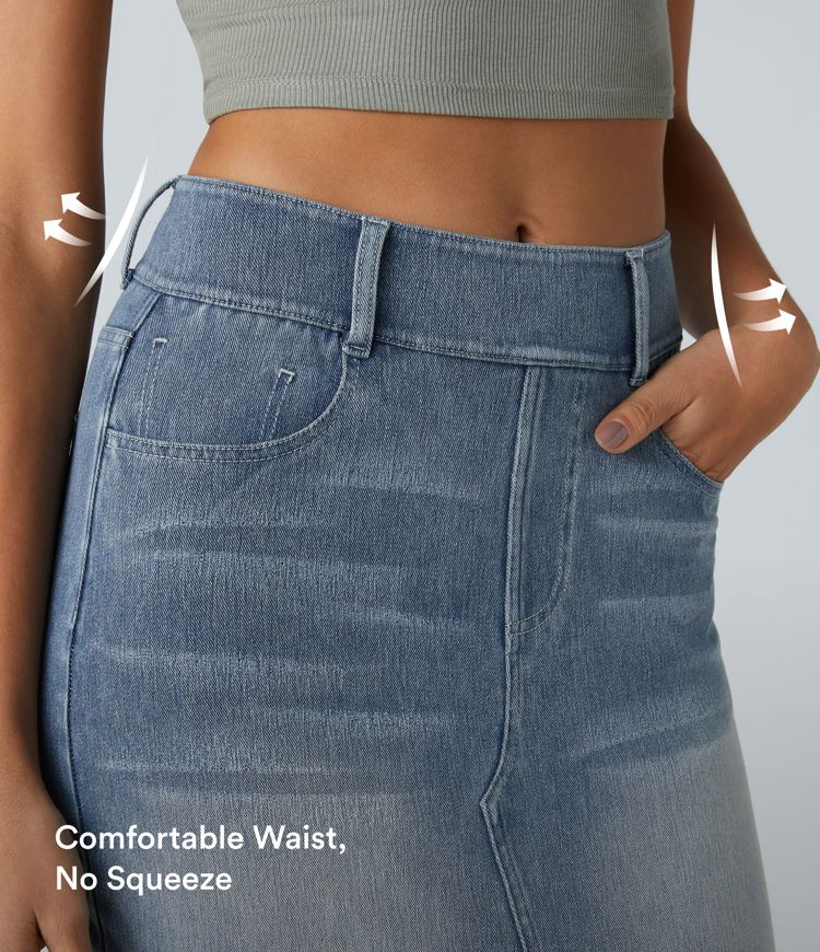 Halara Flex™ High Waisted Pockets Bodycon Washed Denim Casual Midi Skirt