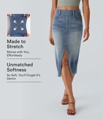 Halara Flex™ High Waisted Pockets Bodycon Washed Denim Casual Midi Skirt