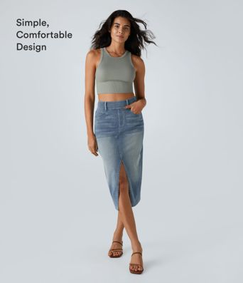 Halara Flex™ High Waisted Pockets Bodycon Washed Denim Casual Midi Skirt