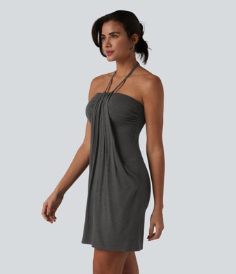 Halter Tie Back Mini Resort Dress with Pockets